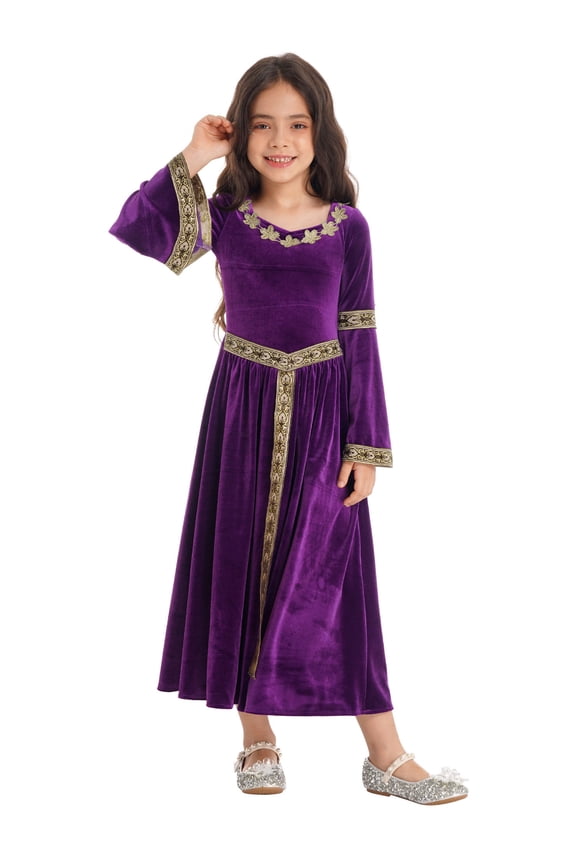 Girls Medieval Renaissance Princess Costume Velvet Vintage Maxi Dress Halloween Dress Up Costume Purple 16