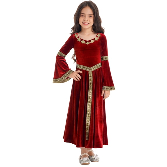 IEFIEL Girls Medieval Renaissance Princess Costume Velvet Vintage Maxi Dress Halloween Dress Up Costume Red 6