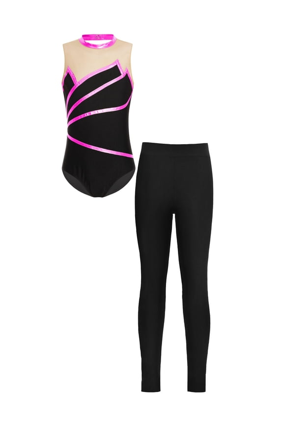 Girls Metallic Stripes Dance leotard with Leggings Teens Youth Sports Leotard with Pants Gym Skating Suit Outfit Hot Pink 16