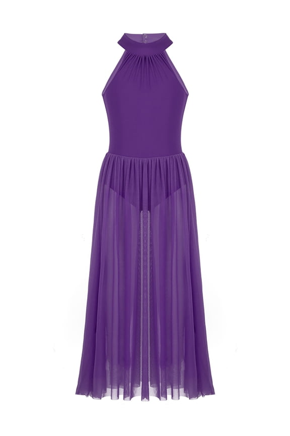 Girls Mock Neck Lyrical Dance Dress Juniors Cutout Back Gymnastics Leotard Teens Sheer Mesh Praise Dance Costume Purple 10