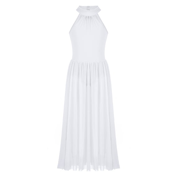 IEFIEL Girls Mock Neck Lyrical Dance Dress Juniors Cutout Back Gymnastics Leotard Teens Sheer Mesh Praise Dance Costume White 12