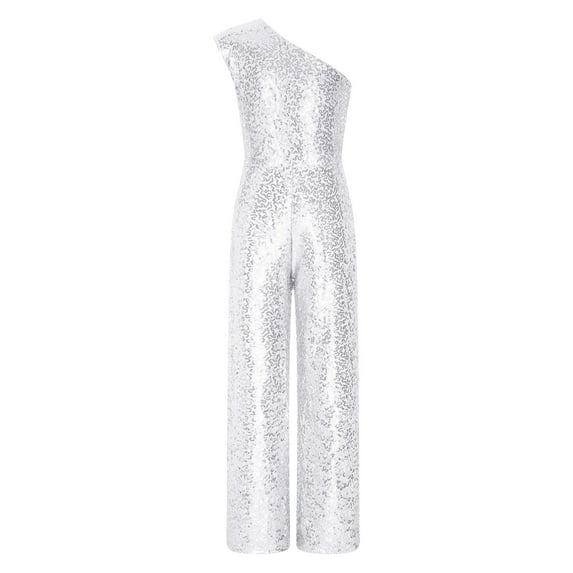 IEFIEL Girls One Shoulder All Sequins Long Jumpsuit Juniors Teens High Waist Romper Birthday Party Cocktail Evenings Outfit A Silver 6