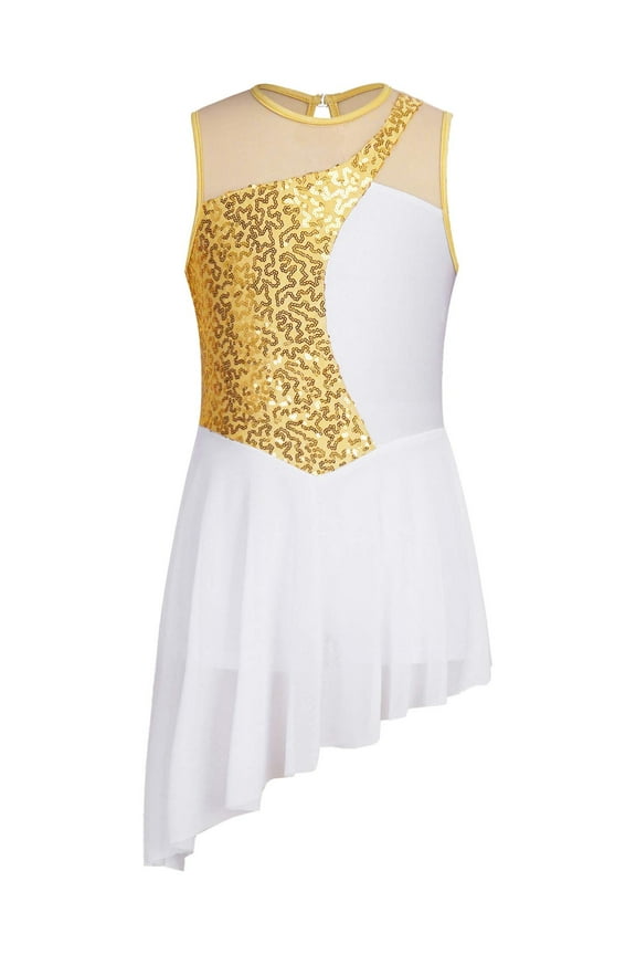 Girls Sequins Ballet Lyrical Dance Leotard Dress Sleeveless Hollow Back Dress Stage Performance Costume Gold 12