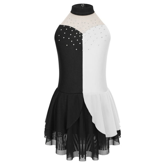 IEFIEL Girls Sequins Contrast Color Backless Figure Skating Dance Dress Shiny Rhinestones Sleeveless Dancewear A White 12