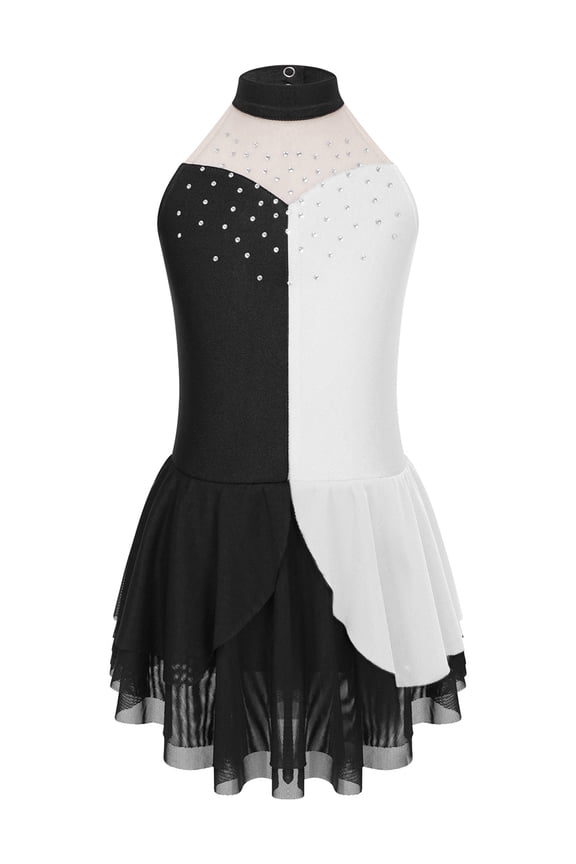 Girls Sequins Contrast Color Backless Figure Skating Dance Dress Shiny Rhinestones Sleeveless Dancewear A White 12