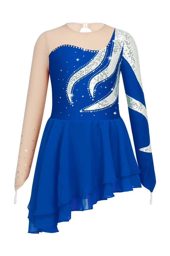 Girls Sequins Mesh Splice Figure Skating Dress Youth Sleeveless Keyhole Back Dance Gymnastics Costume Dark Blue 6