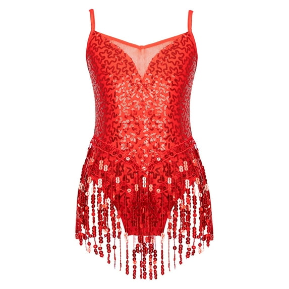 IEFIEL Girls Sequins Tassel Leotard Latin Jazz Dance Bodysuit Costume Gymnastics Fringed Leotard Red 10