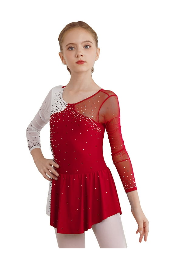 Girls Shiny Glitters Figure Ice Skating Dress Long Sleeve Dance Leotard Dress Dancewear,Sizes 6-16 Burgundy 10