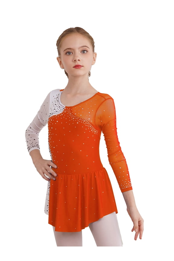 Girls Shiny Glitters Figure Ice Skating Dress Long Sleeve Dance Leotard Dress Dancewear,Sizes 6-16 Orange 14