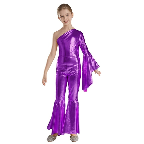 IEFIEL Girls Shiny Metallic Bell-Bottom Dance Jumpsuit One Shoulder Side Zipper Bodysuit Carnival Performance Costume A Purple 12