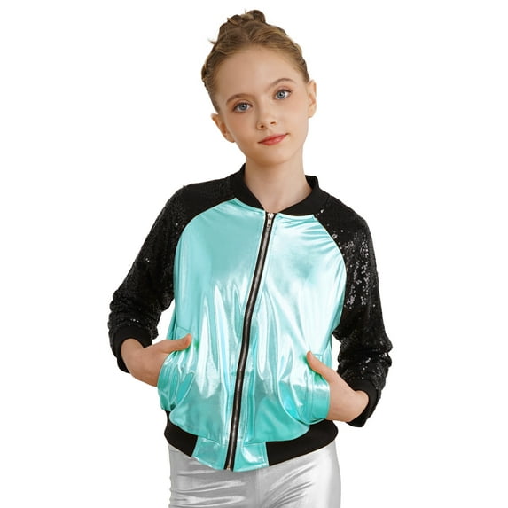 IEFIEL Girls Shiny Metallic Jacket Outerwear Long Sleeve Sequins Coat Hip Hop Street Dance Costume Lake Blue 16