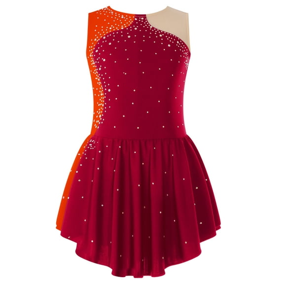 IEFIEL Girls Shiny Rhinestone Figure Skating Dress Ballet Dance Sleeveless Gymnastics Leotard Dance Wear Burgundy 8