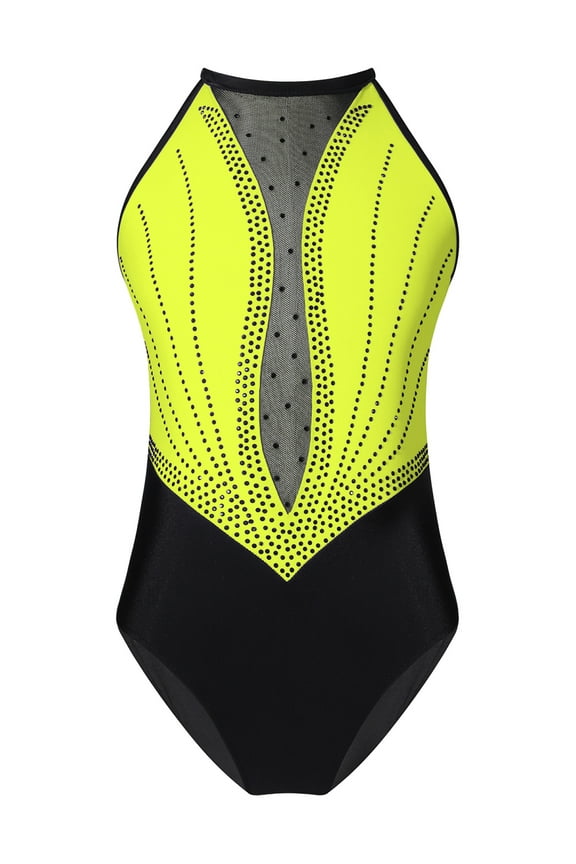 Girls Shiny Rhinestone Gymnastics Leotard Sparkly One-Piece Dance Outfit Sleeveless Athletic Bodysuit A Yellow 12
