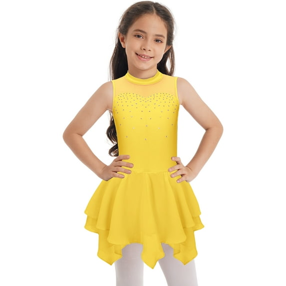 IEFIEL Girls Shiny Rhinestones Spandex Mesh Patchwork Dancewear Sleeveless Two Layers Irregular Hem Ballet Dance Dress A Yellow 12