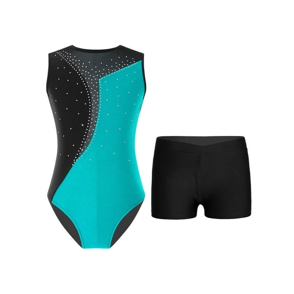 IEFIEL Girls Shiny Rhinestones Splice Gym Suit Activewear Ballet Gymnastics Tank Leotard with Shorts Dancewear Blue Green&Black 8