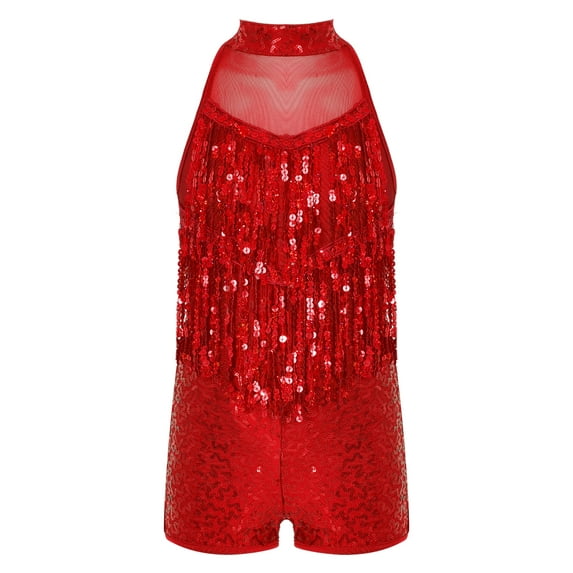 IEFIEL Girls Shiny Sequins Mesh Gymnastics Dance Leotard Ballet Dance One Piece Outfit Modern Jazz Dance Tassels Costume Red 8