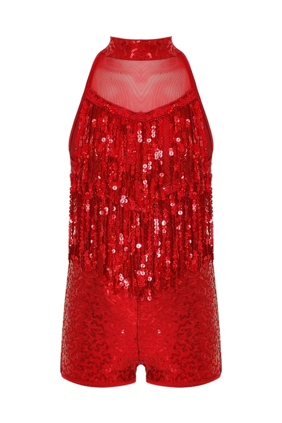 Girls Shiny Sequins Mesh Gymnastics Dance Leotard Ballet Dance One Piece Outfit Modern Jazz Dance Tassels Costume Red 8