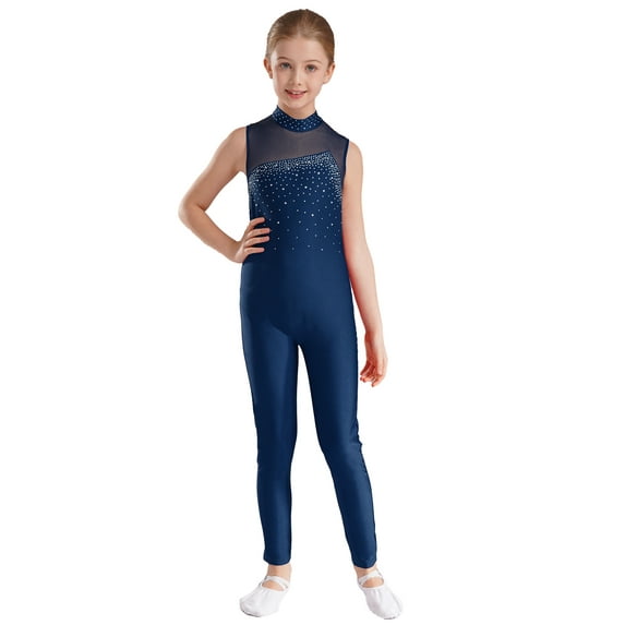 IEFIEL Girls Sleeveless Rhinestone Gymnastics Jumpsuit Ballet Leotard Figure Ice Skating Bodysuit Unitard Navy Blue 10