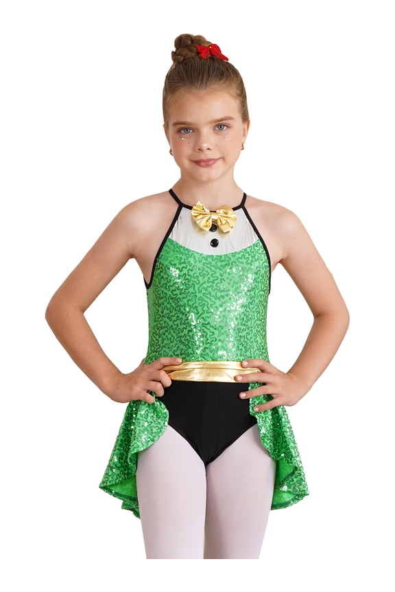Girls Sparkly Sequins Jumpsuit Ballet Leotard Tutu Dress Ballerina Jazz Outfit Dance Costume Green 6