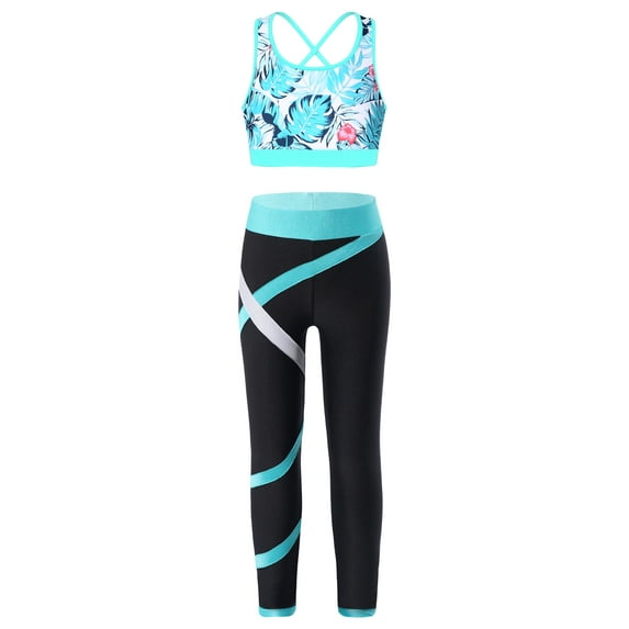 IEFIEL Girls U Neck Strappy Back Crop Top with Leggings Activewear Juniors Sports Gym Suit Jogging Running Outfit Leaf 8