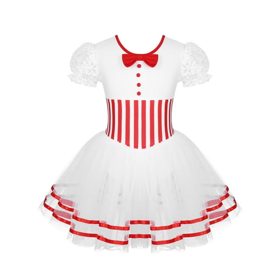 IEFIEL Girls Xmas Dancewear Puff Sleeve Figure Skating Leotard Dress Striped Waistline Mesh Skirted Leotard Lyrical Dancewear A Red 12