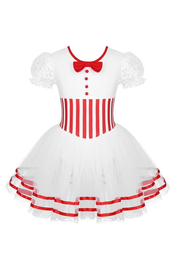 Girls Xmas Dancewear Puff Sleeve Figure Skating Leotard Dress Striped Waistline Mesh Skirted Leotard Lyrical Dancewear A Red 12