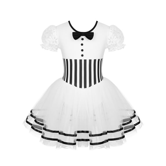 IEFIEL Girls Xmas Dancewear Puff Sleeve Figure Skating Leotard Dress Striped Waistline Mesh Skirted Leotard Lyrical Dancewear Black 14
