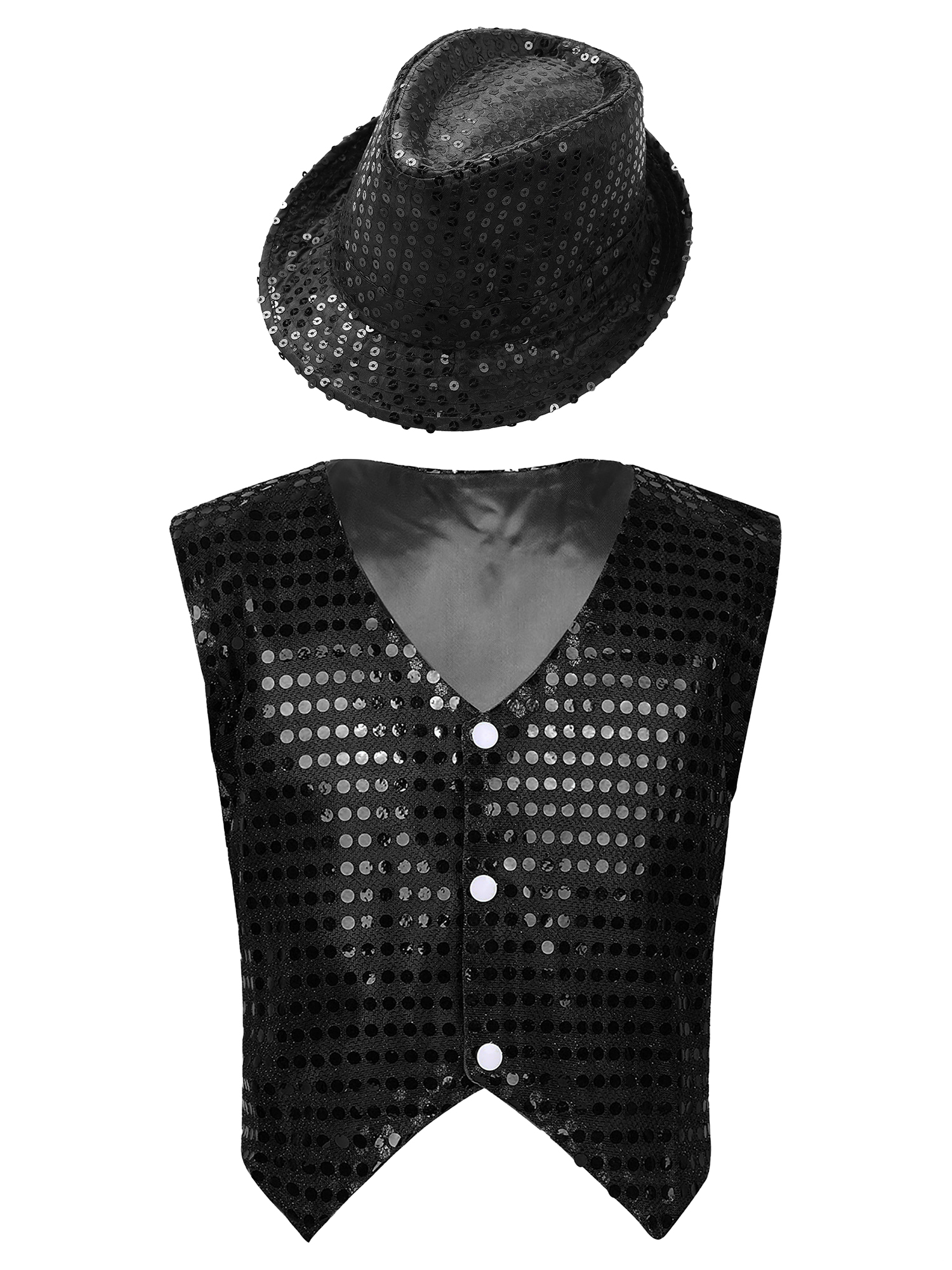 IEFIEL Kids Boys Sparkle Sequins Button Down Vest with Hat Dance Outfit Set Hip Hop Jazz Stage Performance Costume Black 13-14 - image 1 of 7