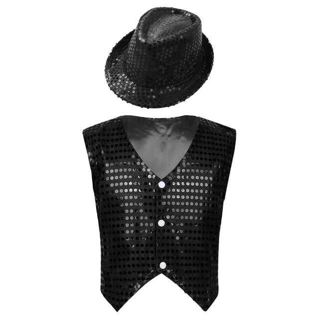 IEFIEL Kids Boys Sparkle Sequins Button Down Vest with Hat Dance Outfit Set Hip Hop Jazz Stage Performance Costume Black 13-14