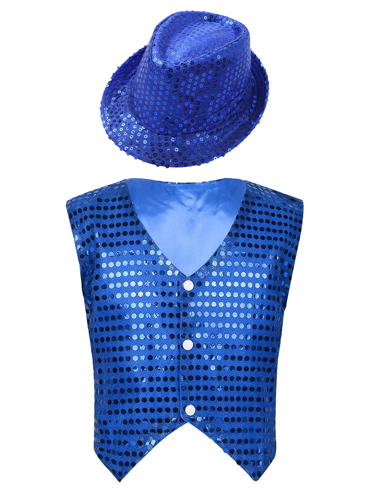 IEFIEL Kids Boys Sparkle Sequins Button Down Vest with Hat Dance Outfit Set Hip Hop Jazz Stage Performance Costume Blue 7-8 - image 1 of 7