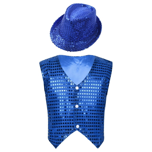 IEFIEL Kids Boys Sparkle Sequins Button Down Vest with Hat Dance Outfit Set Hip Hop Jazz Stage Performance Costume Blue 7-8