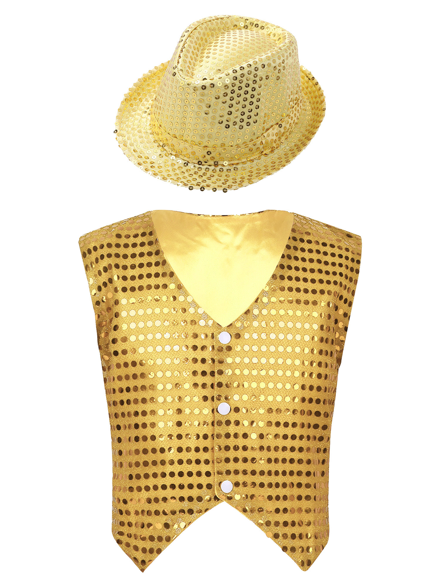 IEFIEL Kids Boys Sparkle Sequins Button Down Vest with Hat Dance Outfit Set Hip Hop Jazz Stage Performance Costume Gold 11-12 - image 1 of 7