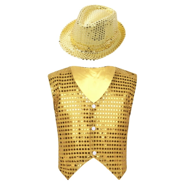 IEFIEL Kids Boys Sparkle Sequins Button Down Vest with Hat Dance Outfit Set Hip Hop Jazz Stage Performance Costume Gold 11-12
