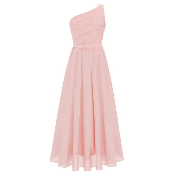 IEFIEL Kids Flower Girls Beaded Ruched Pageant Maxi Dress Wedding Birthday Party One Shoulder High Low Gown Pink-A 16