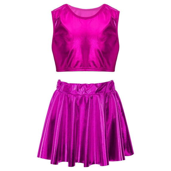 IEFIEL Kids Girls 2Pcs Dance Suit Metallic Crop Top with Pleated Skirt Dance Set Stage Performance Costume