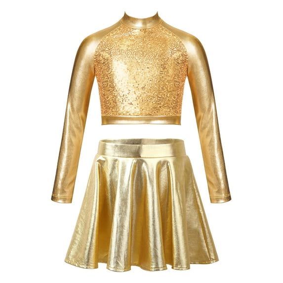 IEFIEL Kids Girls 2Pcs Latin Jazz Dance Outfit Metallic Sequins Long Sleeve Crop Top with Skirt Dancewear A Gold 8