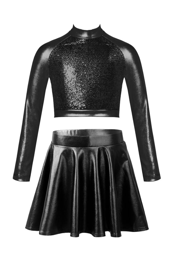 Kids Girls 2Pcs Latin Jazz Dance Outfit Metallic Sequins Long Sleeve Crop Top with Skirt Dancewear Black 6