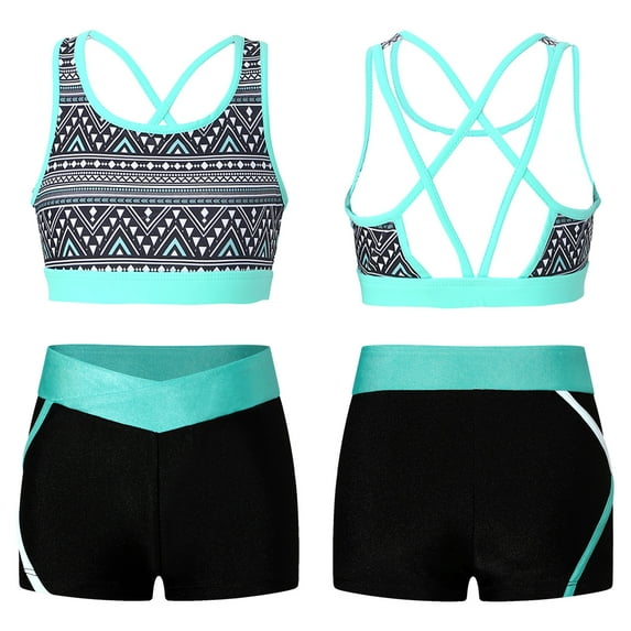 IEFIEL Kids Girls 2Pcs Sports Suit Printed Sleeveless Crop Top with Shorts Swimming Bathing Suit Geometric Black 14