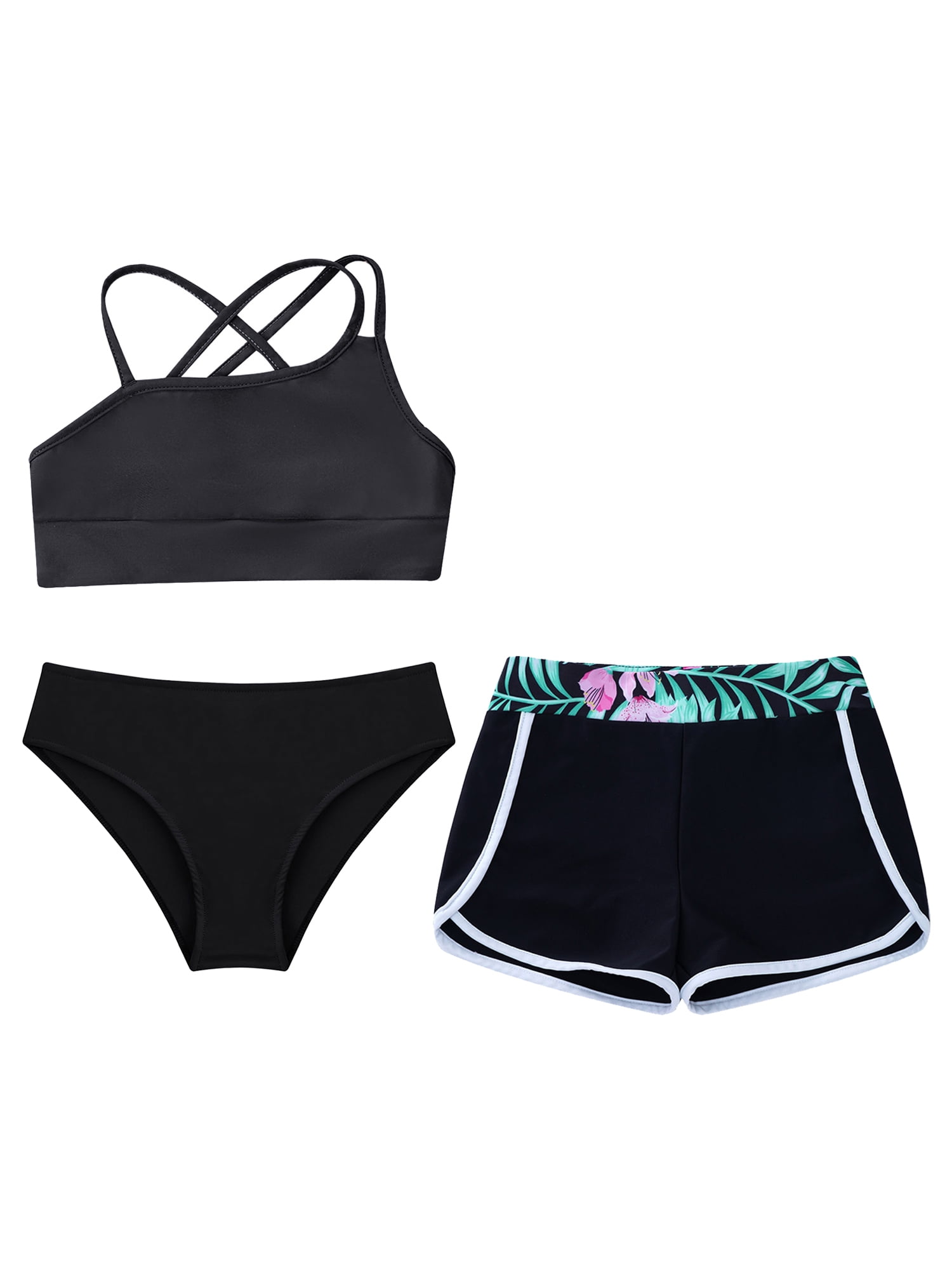 IEFIEL Kids Girls 3-Piece Swimsuit Asymmetrical Spaghetti Straps Tops ...