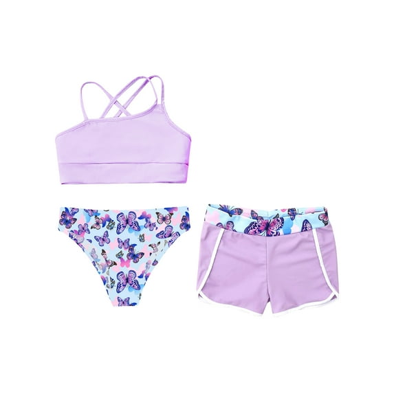 IEFIEL Kids Girls 3-Piece Swimsuit Asymmetrical Spaghetti Straps Tops with Briefs Shorts Bathing Swimming Suit Butterfly 12