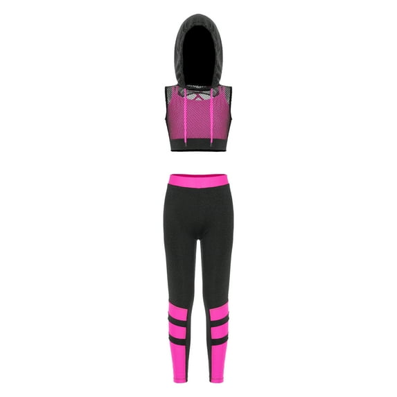 IEFIEL Kids Girls 3Pcs Sports Set Camisole Mesh Hoodie Cropped Vest Jogger Pants Hip Hop Dance Suit Hot Pink 12