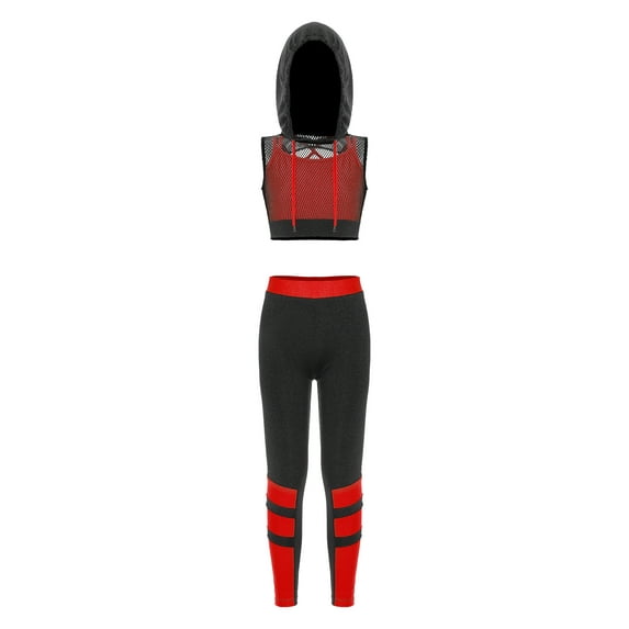 IEFIEL Kids Girls 3Pcs Sports Set Camisole Mesh Hoodie Cropped Vest Jogger Pants Hip Hop Dance Suit Red 12