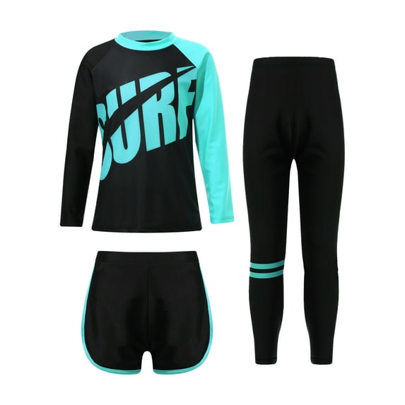 IEFIEL Kids Girls 3Pcs Swimsuit Rash Guard Set Long Sleeve Swim Tops with Shorts Pants Sun Protection Bathing Suit Blue 4-5
