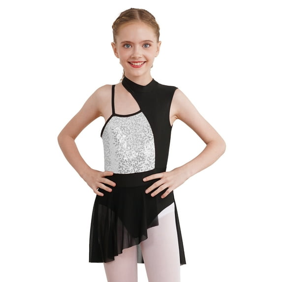 IEFIEL Kids Girls Asymmetrical Shoulder Modern Lyrical Leotard Dress Athletic Sequins Mesh Camisole Leotard Silver 12