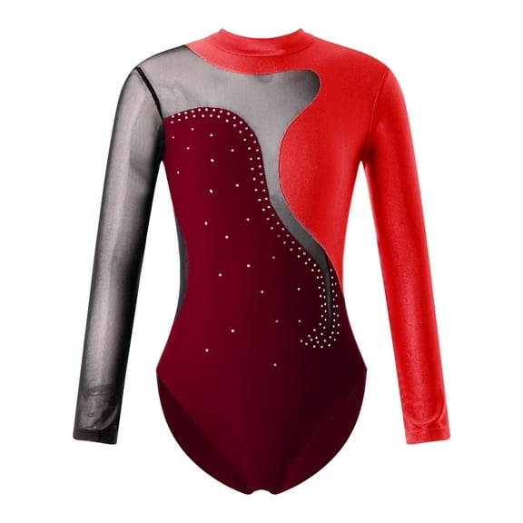 IEFIEL Kids Girls Ball Gymnastics Leotard Long Sleeves Shiny Rhinestone Figure Skating Jumpsuit Burgundy 4