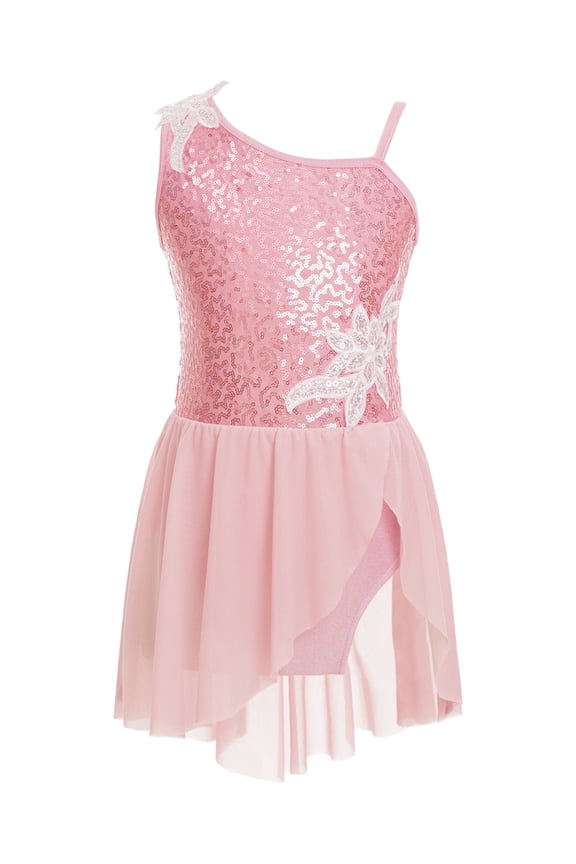 Kids Girls Ballet Dance Leotard Sleeveless Oblique Shoulder Acrobatics Skating Dress Shiny Sequins Dance Wear Pink 12