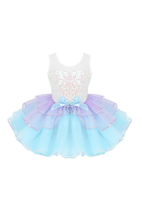Kids Girls Ballet Dance Tutu Dress Gymnastics Leotard Ruffled Shoulder Sequins Ballerina Costume Light Blue-A 3T