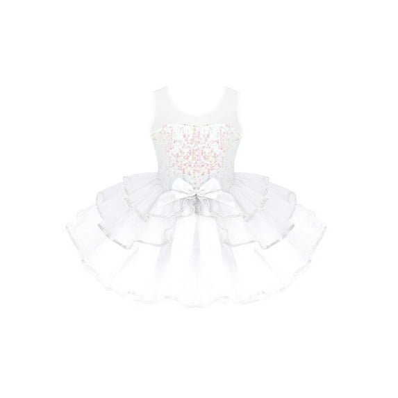 IEFIEL Kids Girls Ballet Dance Tutu Dress Gymnastics Leotard Ruffled Shoulder Sequins Ballerina Costume White-A 14