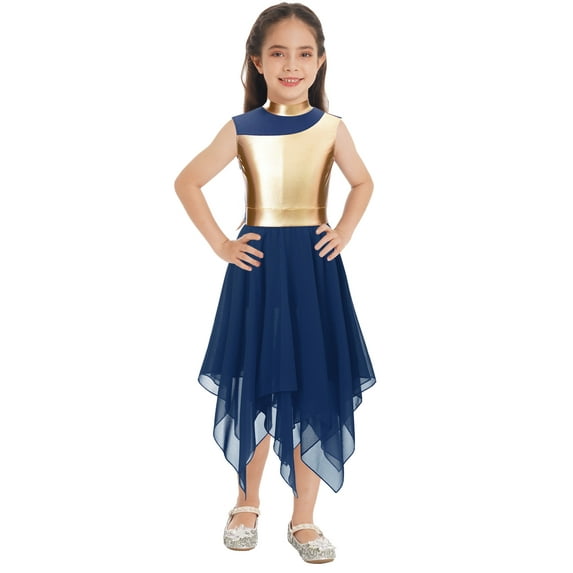 IEFIEL Kids Girls Bronzing Loose Fit Church Liturgical Dress Metallic Color Contrast Worship Praise Dance Dress Navy Blue 16