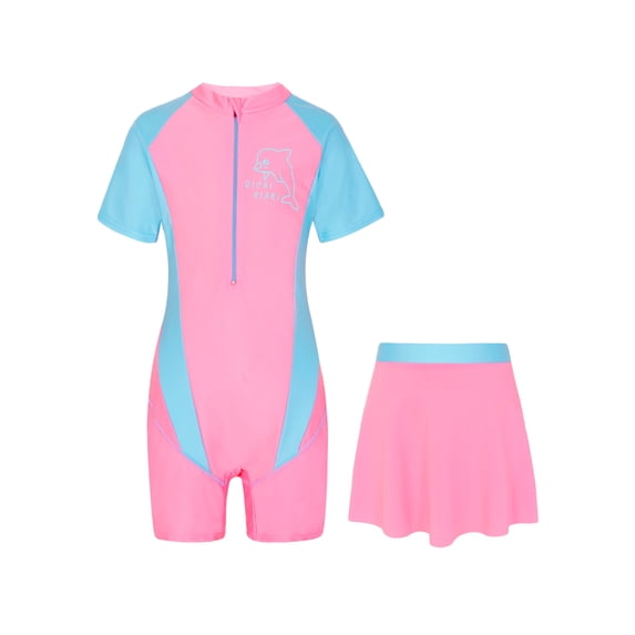 IEFIEL Kids Girls Cartoon Graffiti Print Swimsuit Short Sleeve Front Zipper Jumpsuit with Skirt Rash Guard Bathing Suit